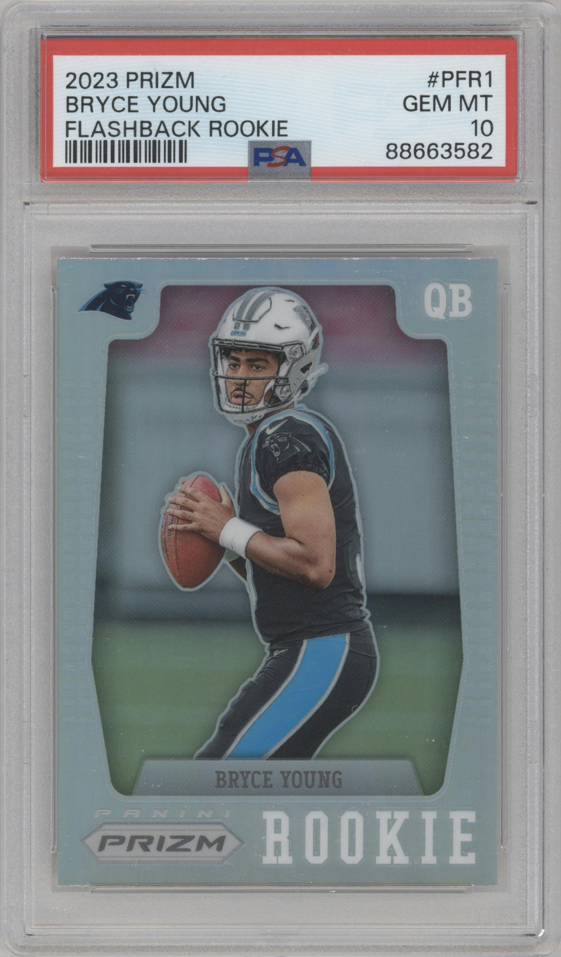 Bryce Young from the 2023 Panini Prizm set featuring a Silver Prizm parallel graded by PSA and given an overall grade of 10.