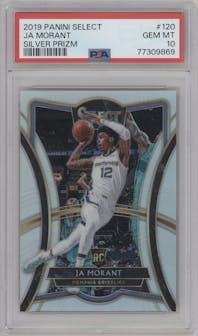 Ja Morant from the 2019-20 Panini Select set featuring a Silver Prizm parallel graded by PSA and given an overall grade of 10.