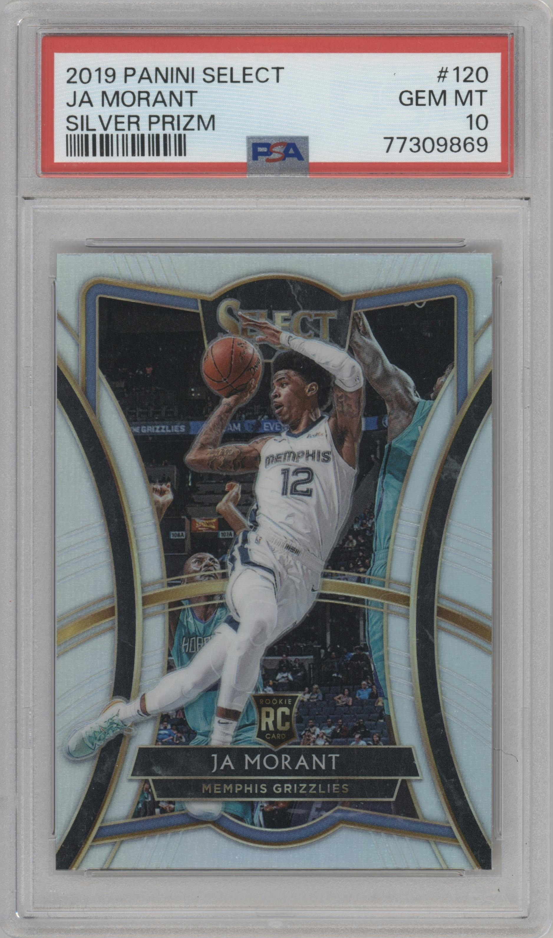 Ja Morant from the 2019-20 Panini Select set featuring a Silver Prizm parallel graded by PSA and given an overall grade of 10.