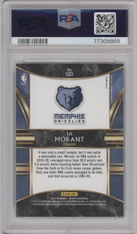 Ja Morant from the 2019-20 Panini Select set featuring a Silver Prizm parallel graded by PSA and given an overall grade of 10.
