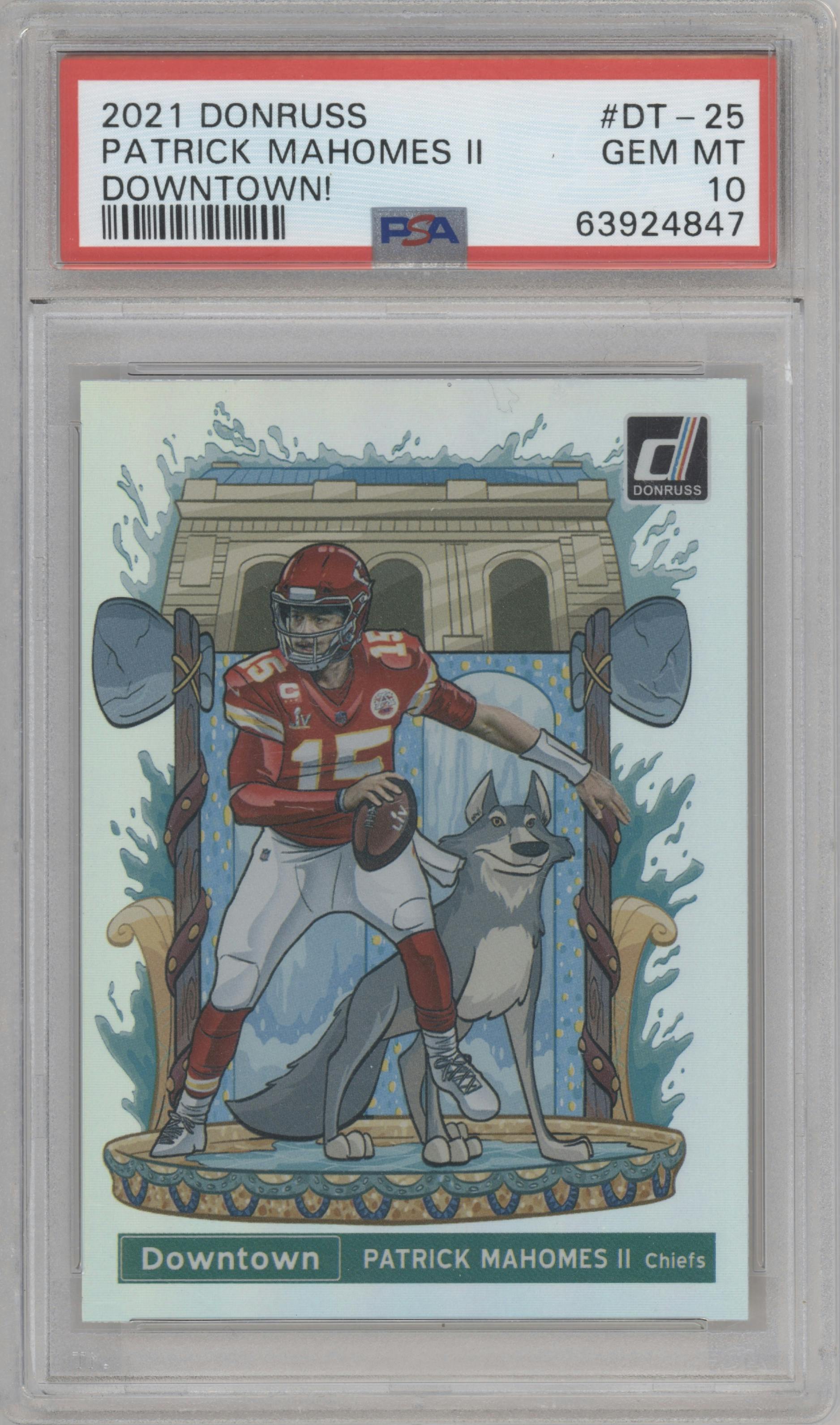 Patrick Mahomes II from the 2021 Panini Donruss set graded by PSA and given an overall grade of 10.