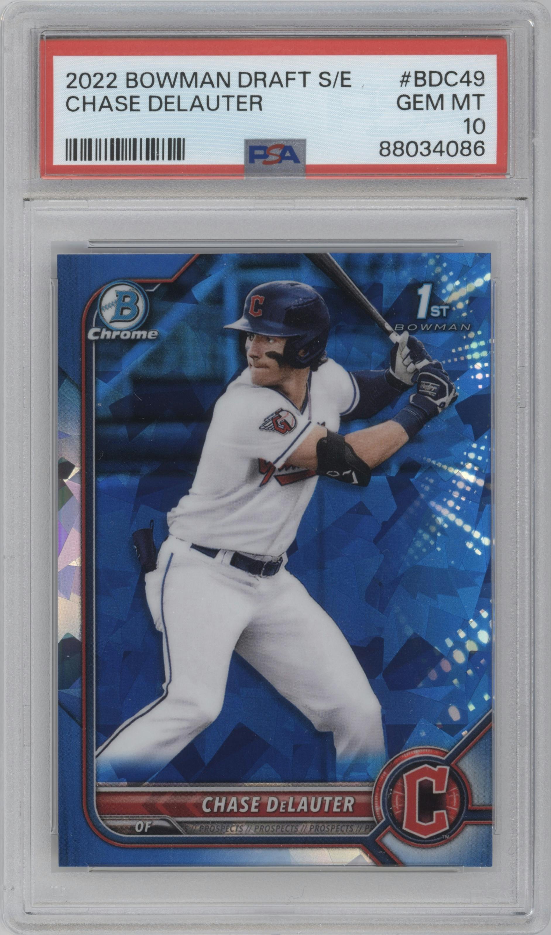 Chase DeLauter from the 2022 Bowman Draft Sapphire Edition set graded by PSA and given an overall grade of 10.