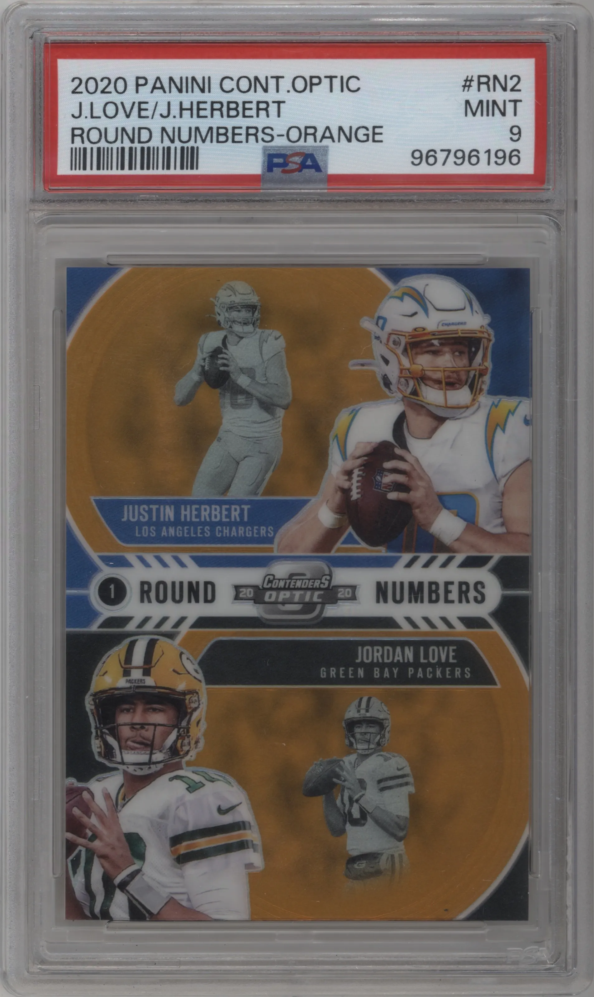 2020 Panini Contenders Optic Round Numbers Justin Herbert/Jordan Love Orange #RN2 PSA 9
