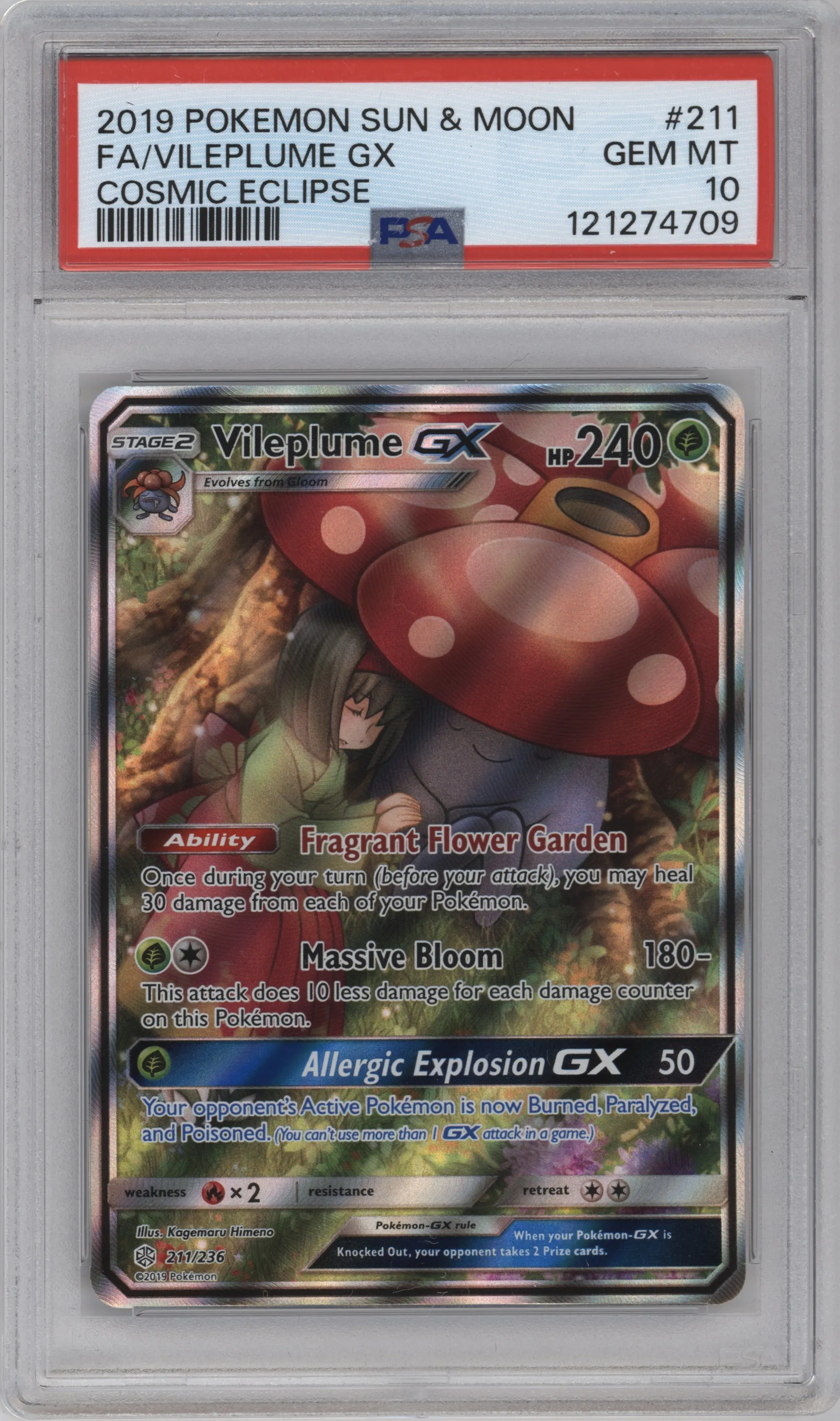 Vileplume GX from the 2019 Pokemon S&M  set graded by PSA and given an overall grade of 10.