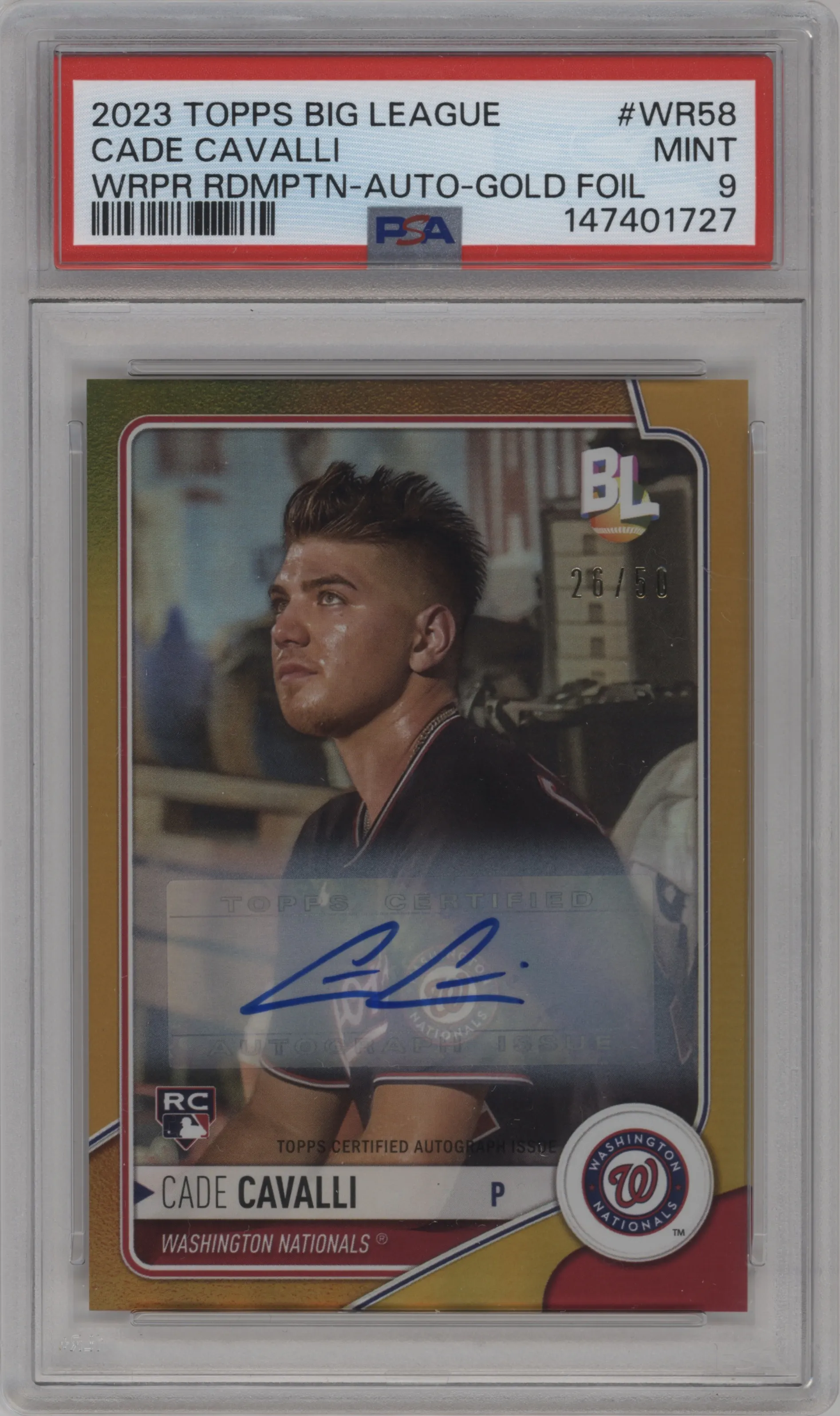 2023 Topps Big League W.R.Auto Cade Cavalli Gold Foil PSA 9