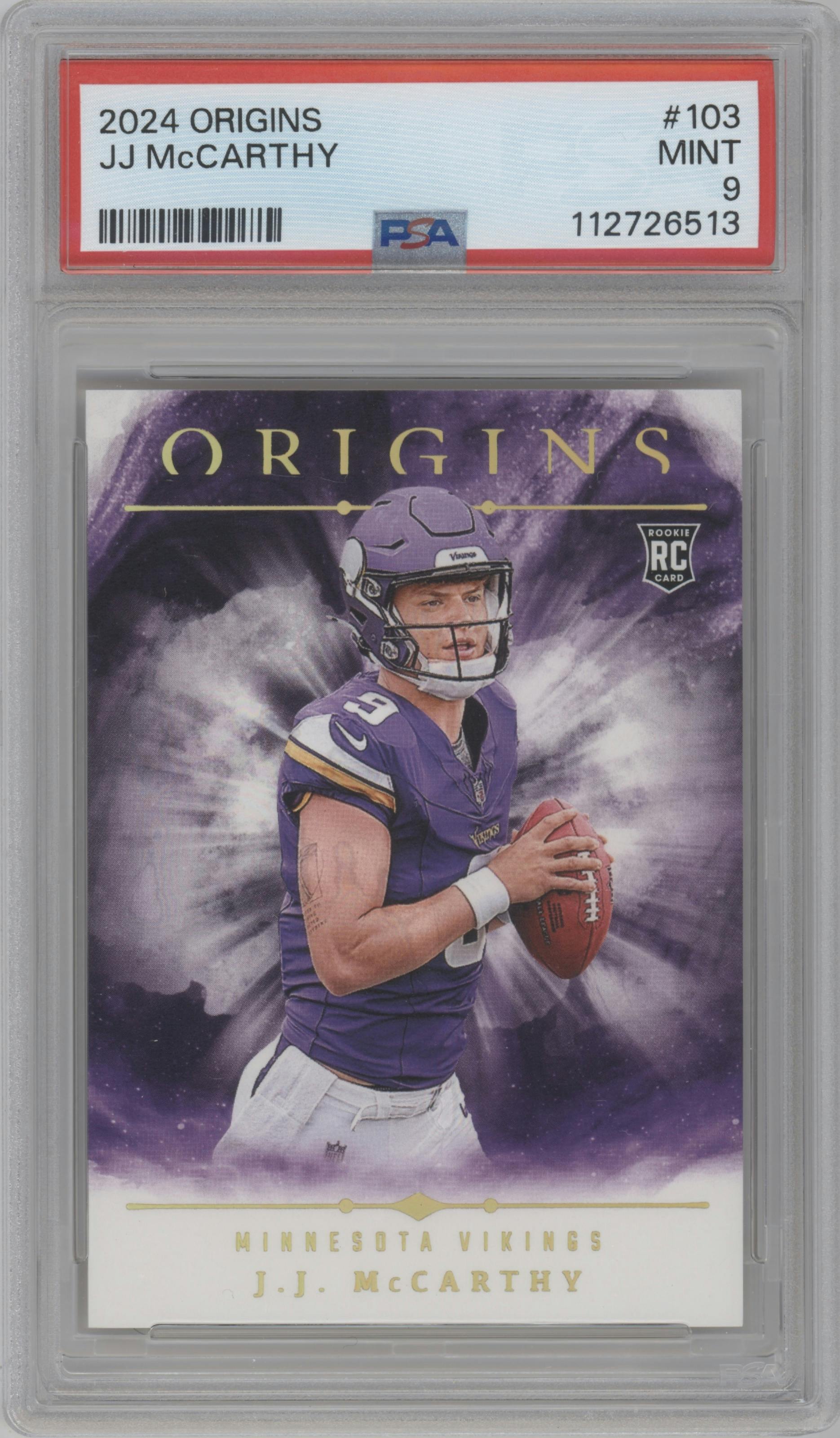 J.J. McCarthy from the 2024 Panini Origins set graded by PSA and given an overall grade of 9.