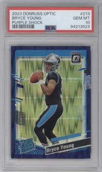 Bryce Young from the 2023 Donruss Optic set featuring a  Purple Shock parallel graded by PSA and given an overall grade of 10.