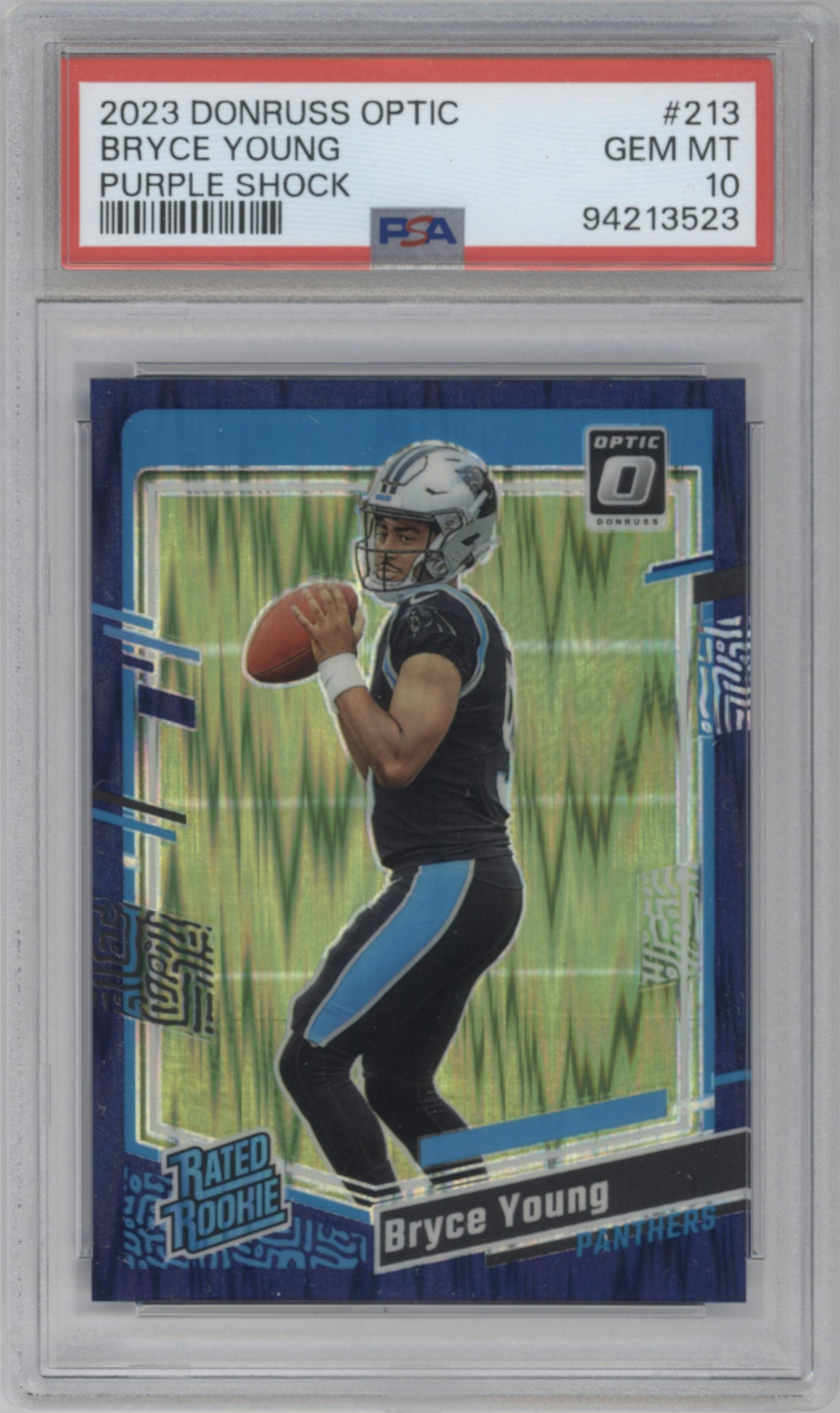 Bryce Young from the 2023 Donruss Optic set featuring a  Purple Shock parallel graded by PSA and given an overall grade of 10.