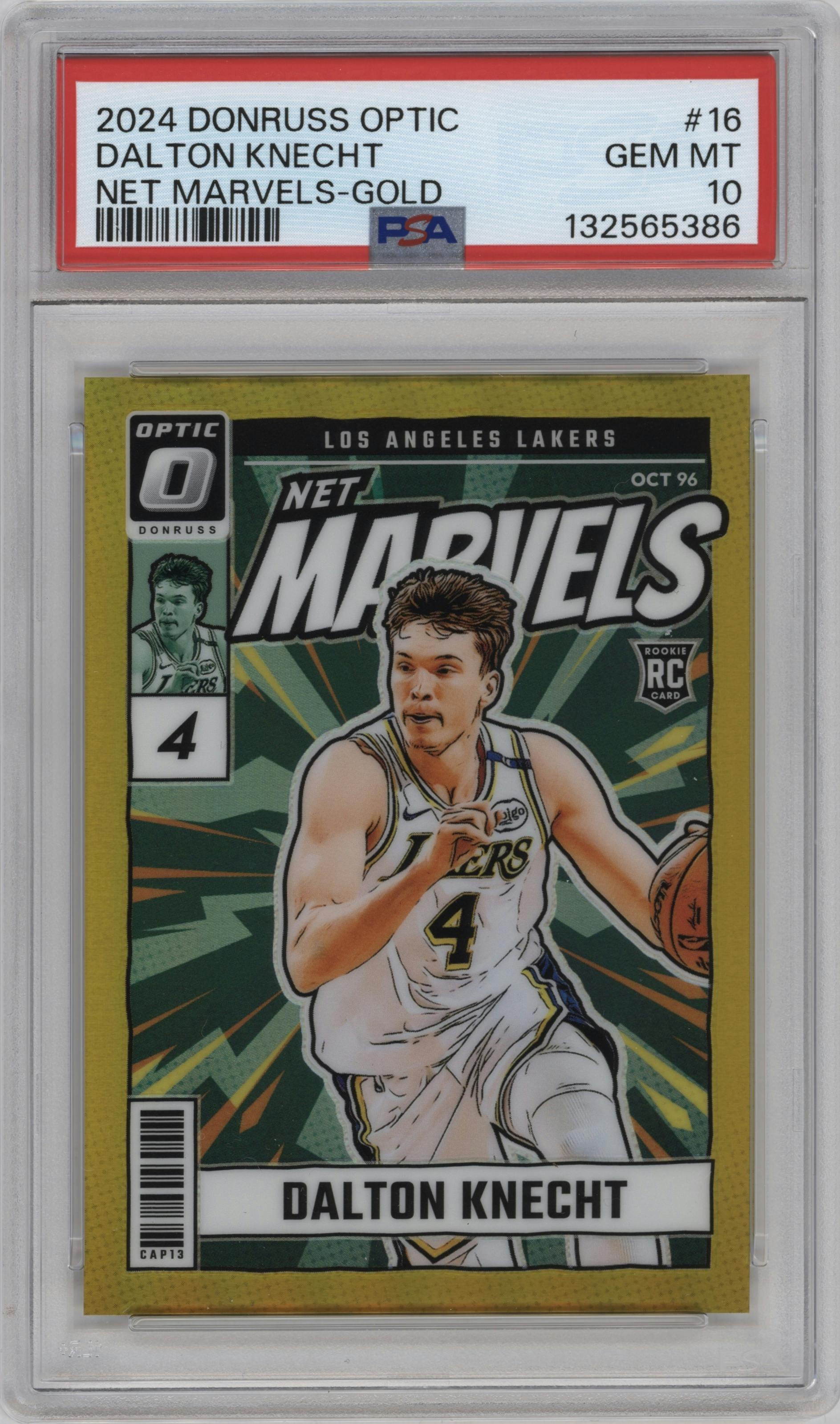 Dalton Knecht from the 2024-25 Donruss Optic set featuring a Gold parallel graded by PSA and given an overall grade of 10.