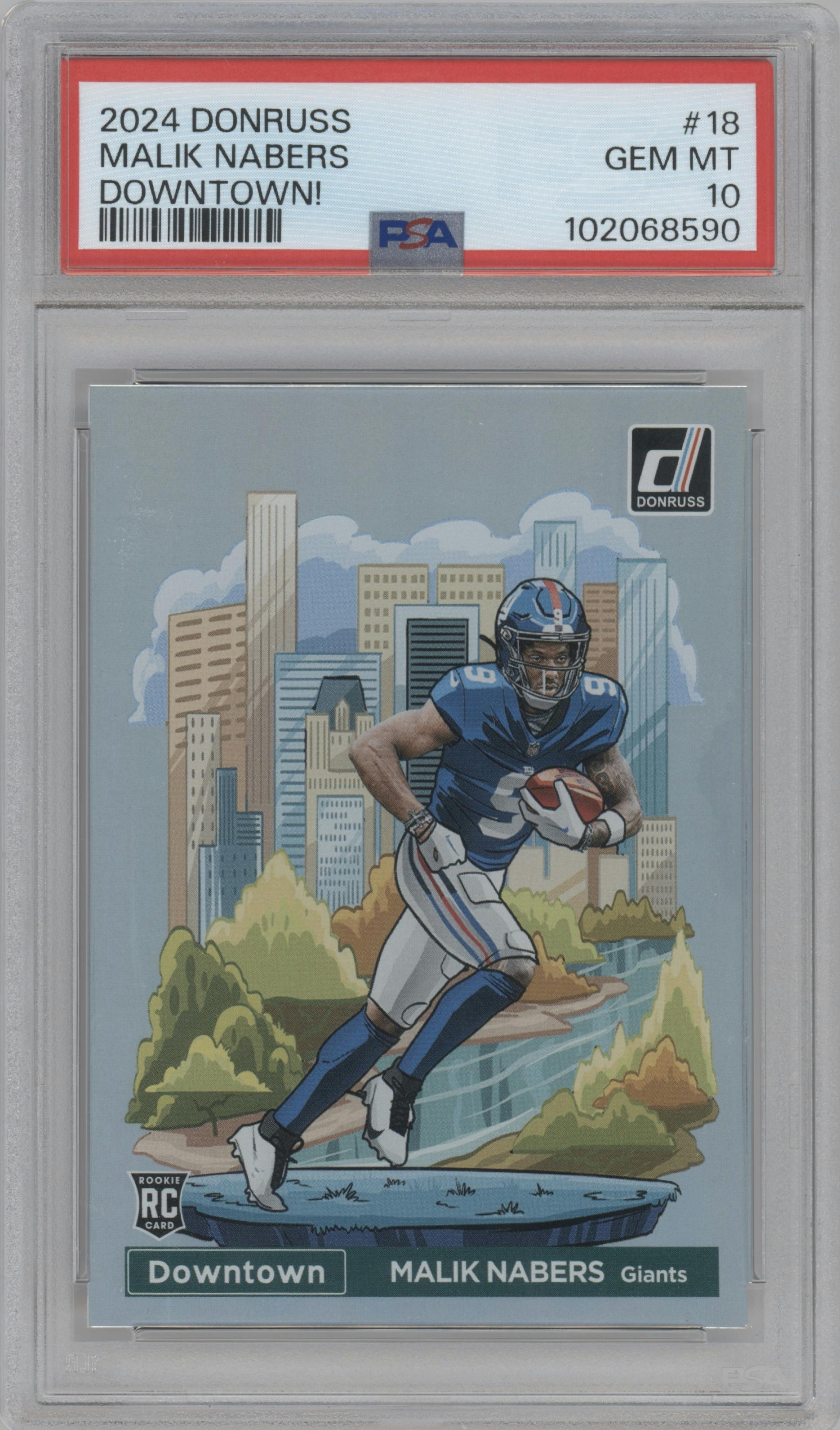 Malik Nabers  from the 2024 Donruss set graded by PSA and given an overall grade of 10.