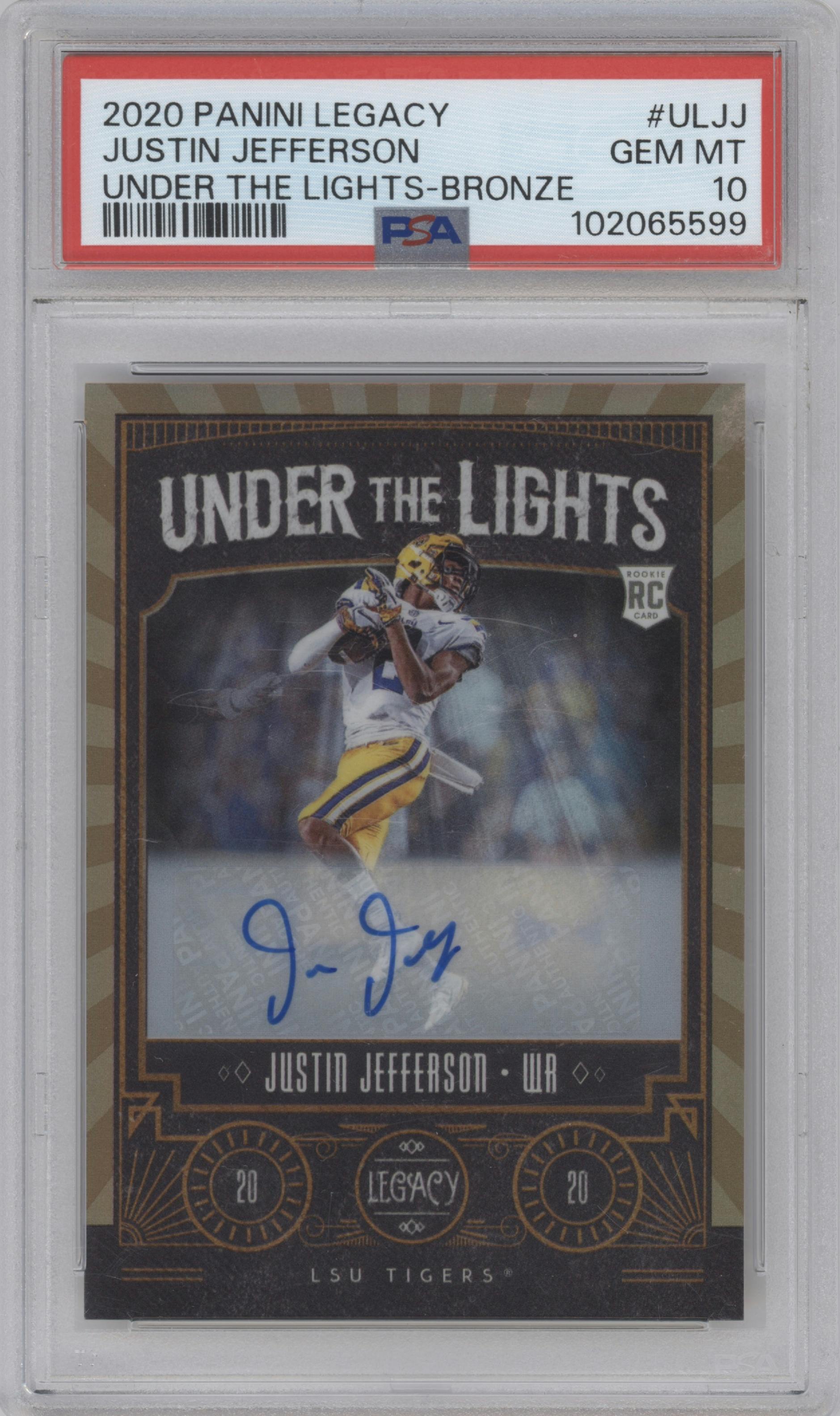 Justin Jefferson from the 2020 Panini Legacy set featuring a Bronze parallel graded by PSA and given an overall grade of 10.