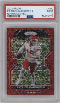 Patrick Mahomes II from the 2021 Panini Prizm set featuring a No Huddle Red parallel graded by PSA and given an overall grade of 9.