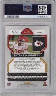 Patrick Mahomes II from the 2021 Panini Prizm set featuring a No Huddle Red parallel graded by PSA and given an overall grade of 9.