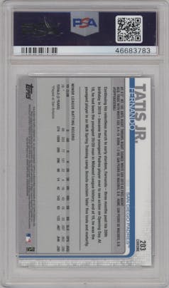 Fernando Tatis Jr. from the 2019 Topps Chrome set featuring a Prism Refractor  parallel graded by PSA and given an overall grade of 10.