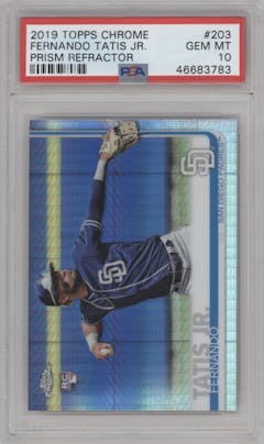 Fernando Tatis Jr. from the 2019 Topps Chrome set featuring a Prism Refractor  parallel graded by PSA and given an overall grade of 10.