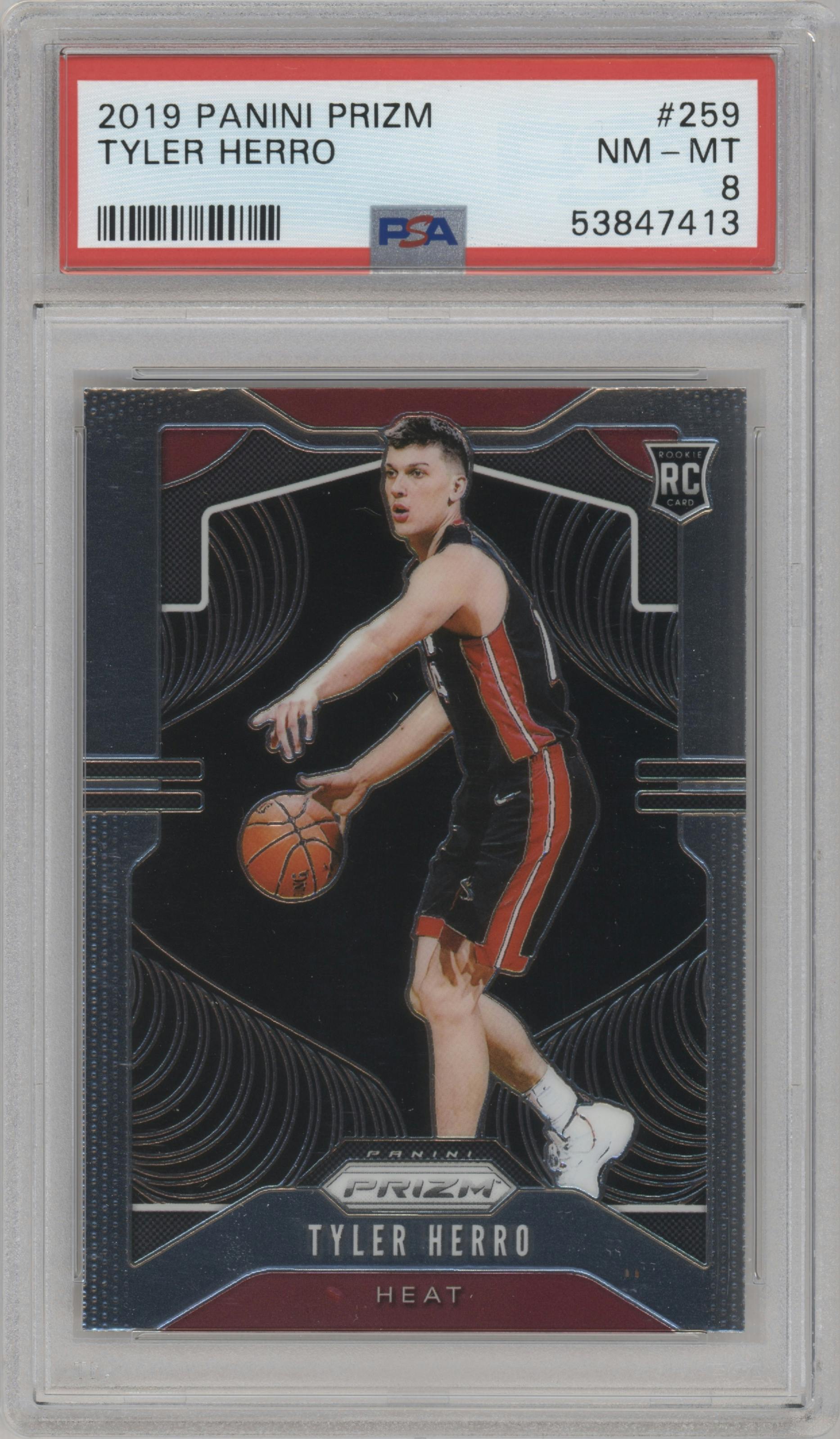 Tyler Herro from the 2019-20 Panini Prizm set graded by PSA and given an overall grade of 8.