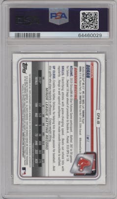 Jarren Duran from the 2020 Bowman Chrome set featuring a Speckle Refractor parallel graded by PSA and given an overall grade of 10.