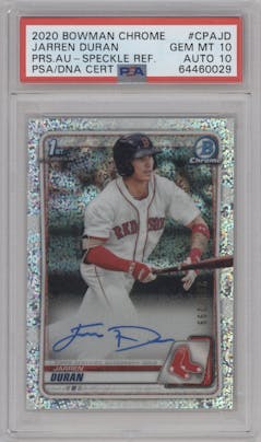 Jarren Duran from the 2020 Bowman Chrome set featuring a Speckle Refractor parallel graded by PSA and given an overall grade of 10.