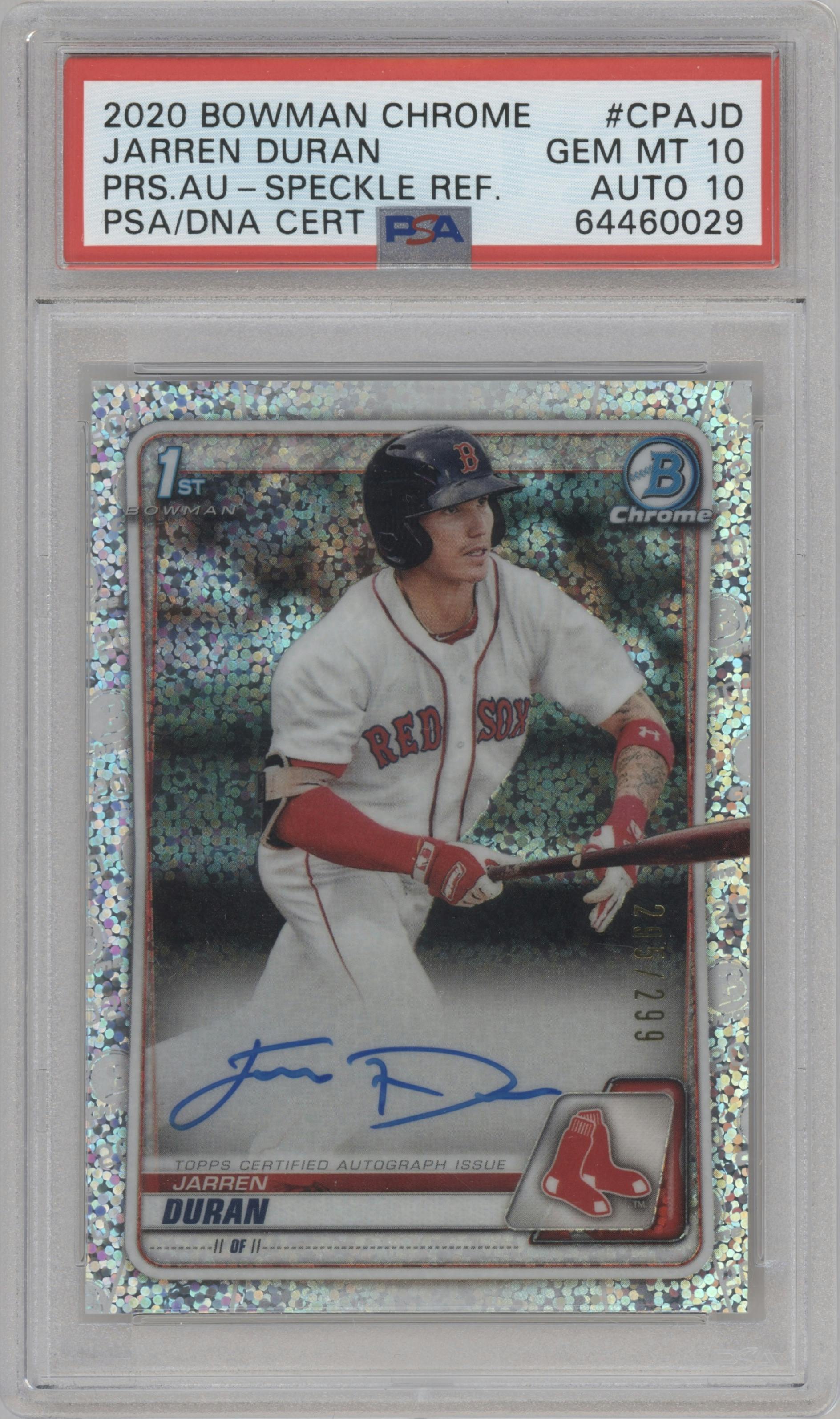 Jarren Duran from the 2020 Bowman Chrome set featuring a Speckle Refractor parallel graded by PSA and given an overall grade of 10.