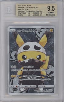 Team Skull Pikachu from the 2016 Pokemon S&M JPN  set featuring a Bad Guy Pikachu Box Sets at Pokemon Centers parallel graded by Beckett and given an overall grade of 9.5.