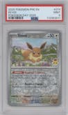 Eevee from the 2025 Pokemon SV set featuring a Pokemon Day 2025 parallel graded by PSA and given an overall grade of 9.