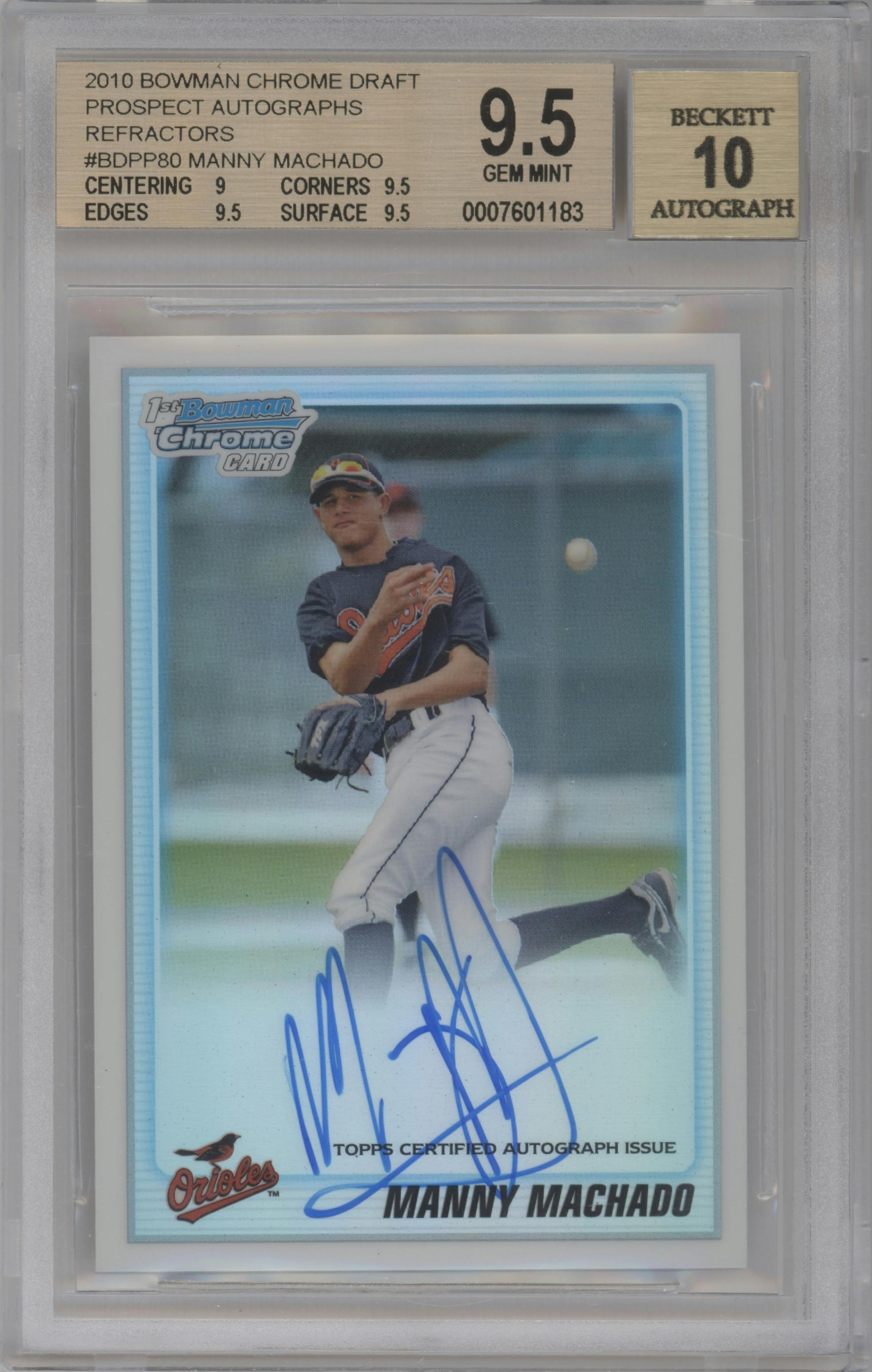 Manny Machado from the 2010 Bowman Draft Picks & Prospects set featuring a Refractor parallel graded by Beckett and given an overall grade of 9.5.