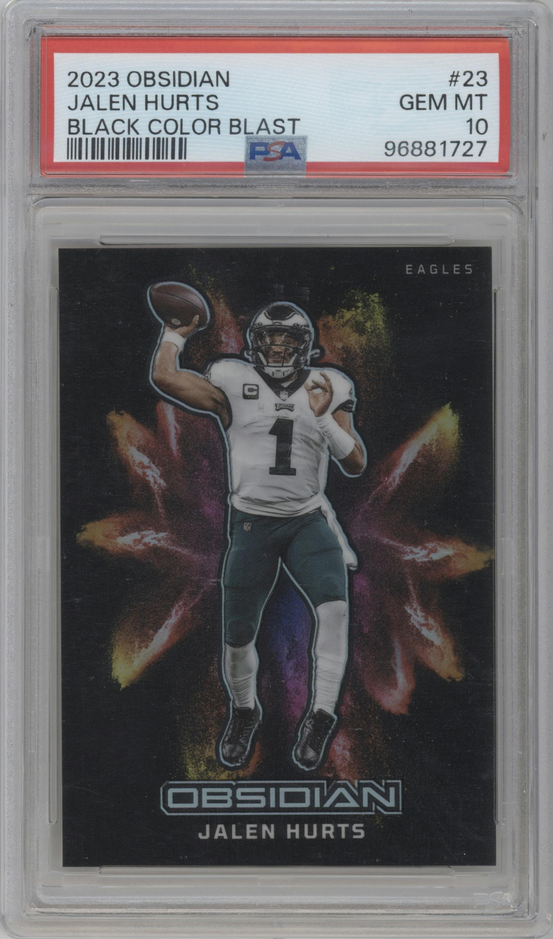 Jalen Hurts from the 2023 Panini Obsidian set graded by PSA and given an overall grade of 10.