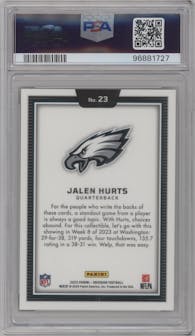 Jalen Hurts from the 2023 Panini Obsidian set graded by PSA and given an overall grade of 10.