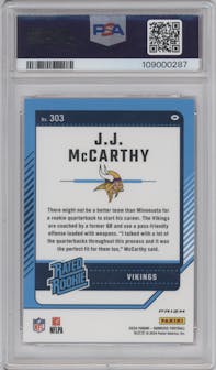 J.J. McCarthy from the 2024 Donruss set featuring a Red Pandora parallel graded by PSA and given an overall grade of 10.