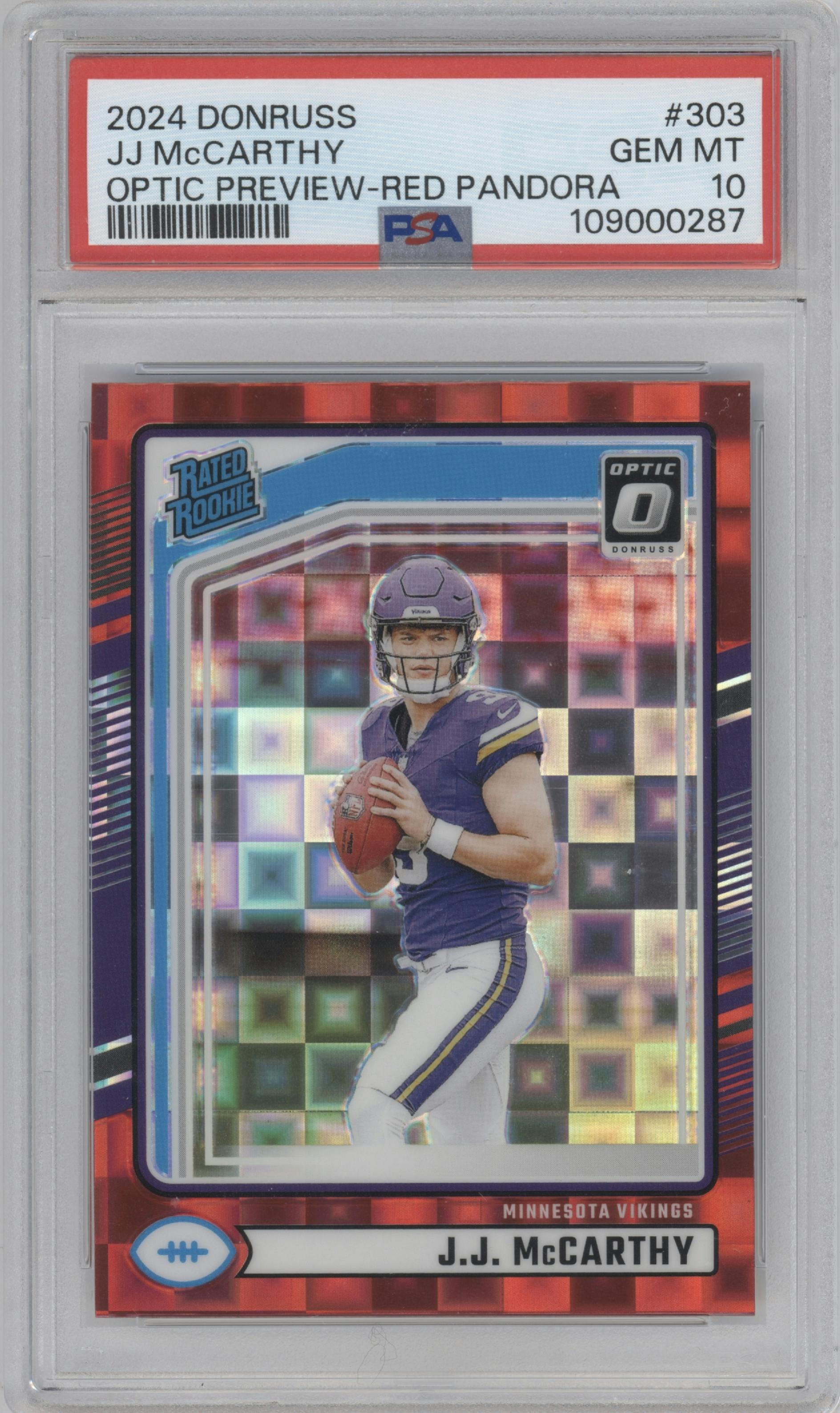 J.J. McCarthy from the 2024 Donruss set featuring a Red Pandora parallel graded by PSA and given an overall grade of 10.