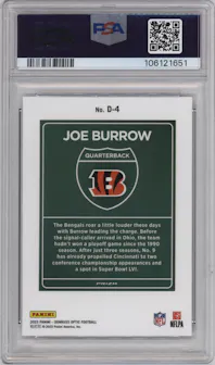 Joe Burrow from the 2023 Donruss Optic set graded by PSA and given an overall grade of 10.