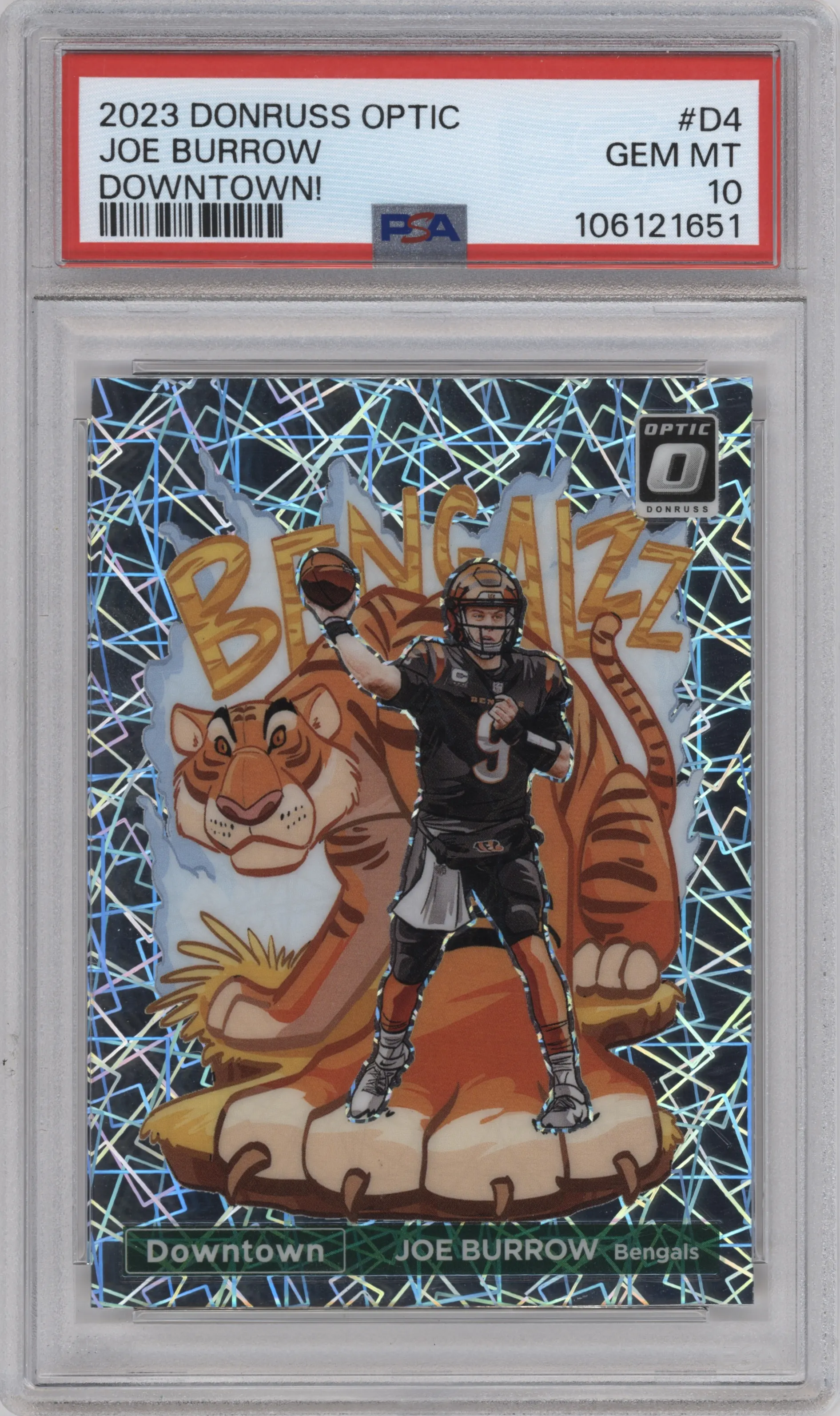 Joe Burrow from the 2023 Donruss Optic set graded by PSA and given an overall grade of 10.