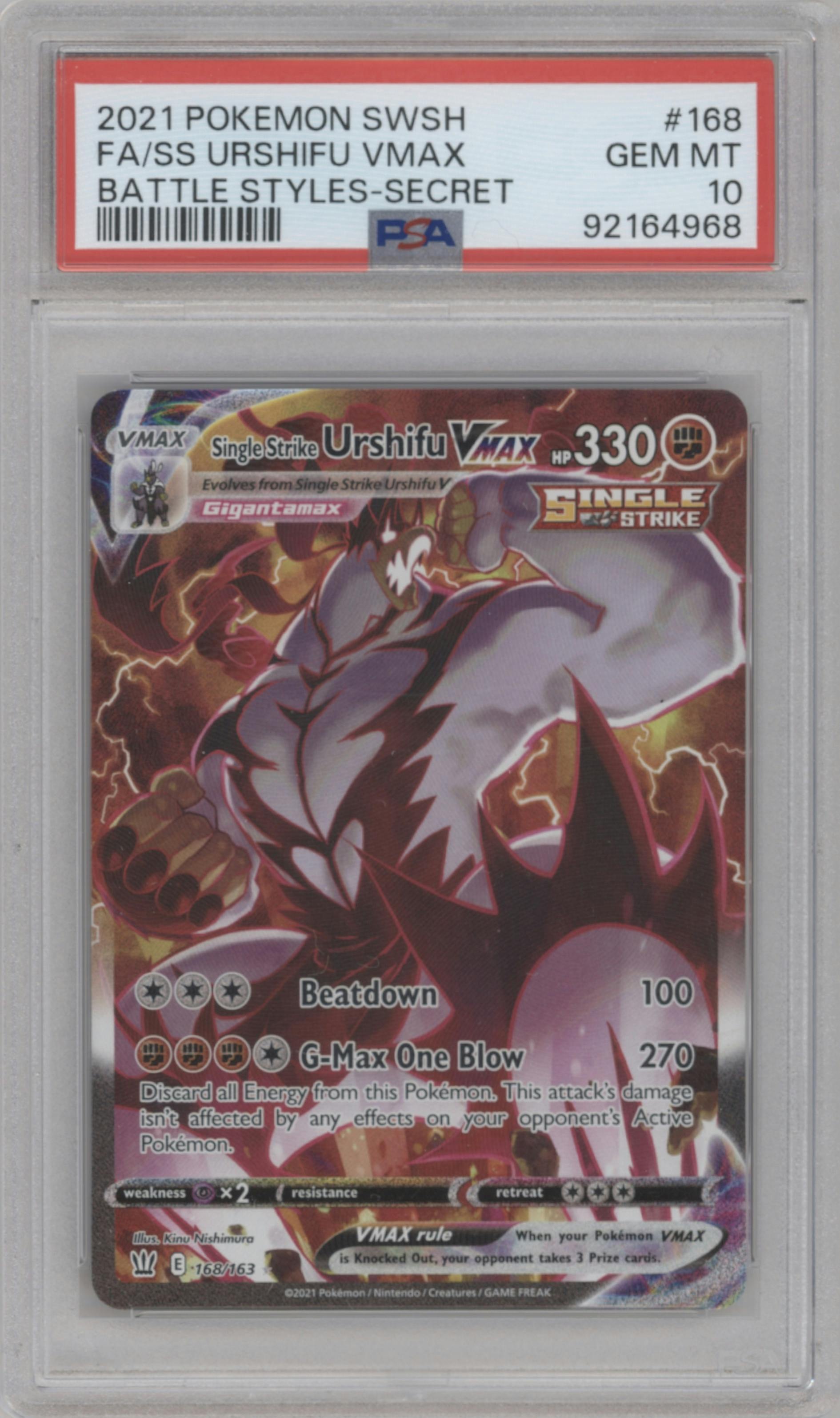 Single Strike Urshifu VMAX from the 2021 Pokemon SWSH set graded by PSA and given an overall grade of 10.