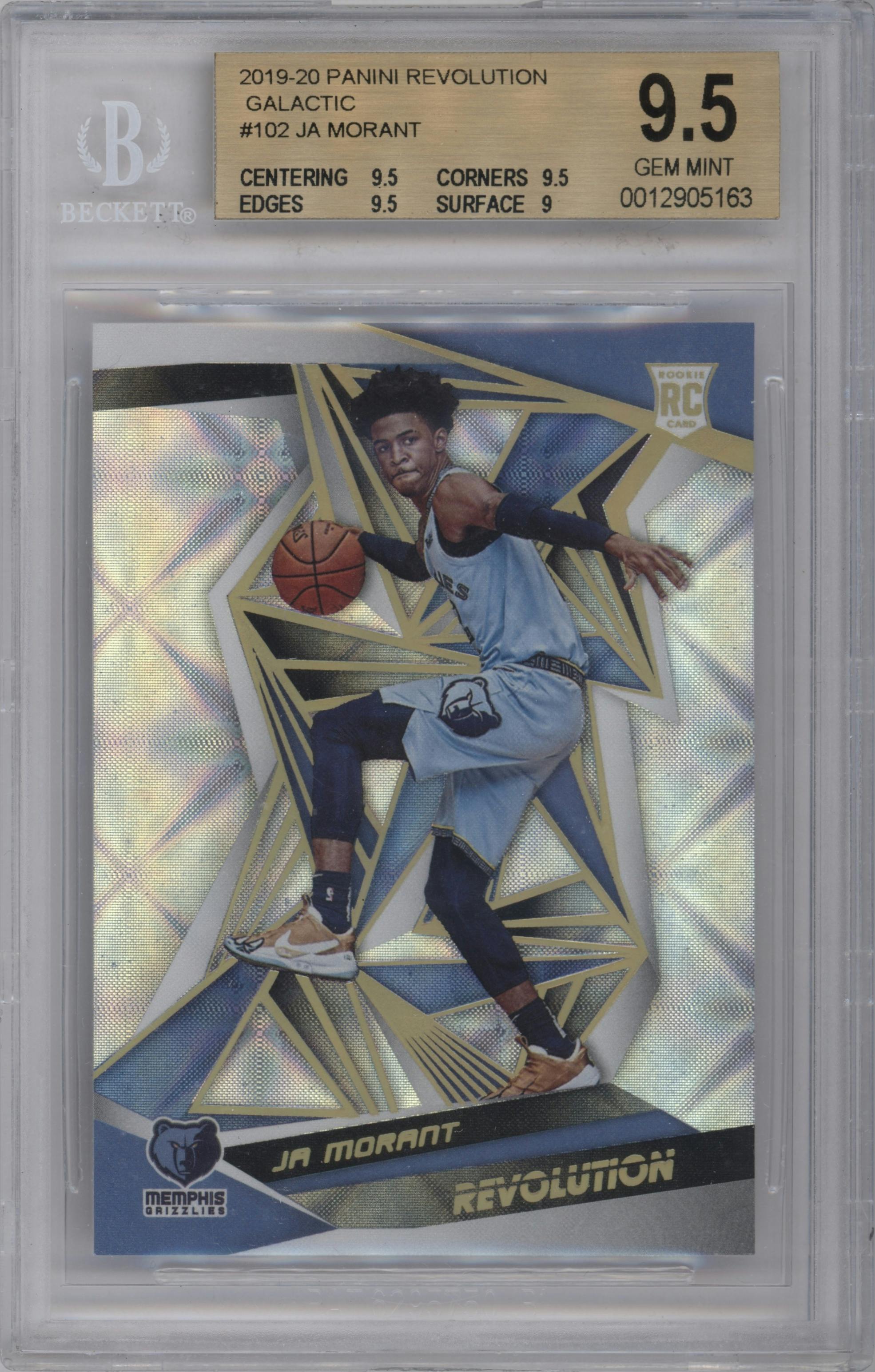 Ja Morant from the 2019-20 Panini Revolution set featuring a Galactic  parallel graded by Beckett and given an overall grade of 9.5.