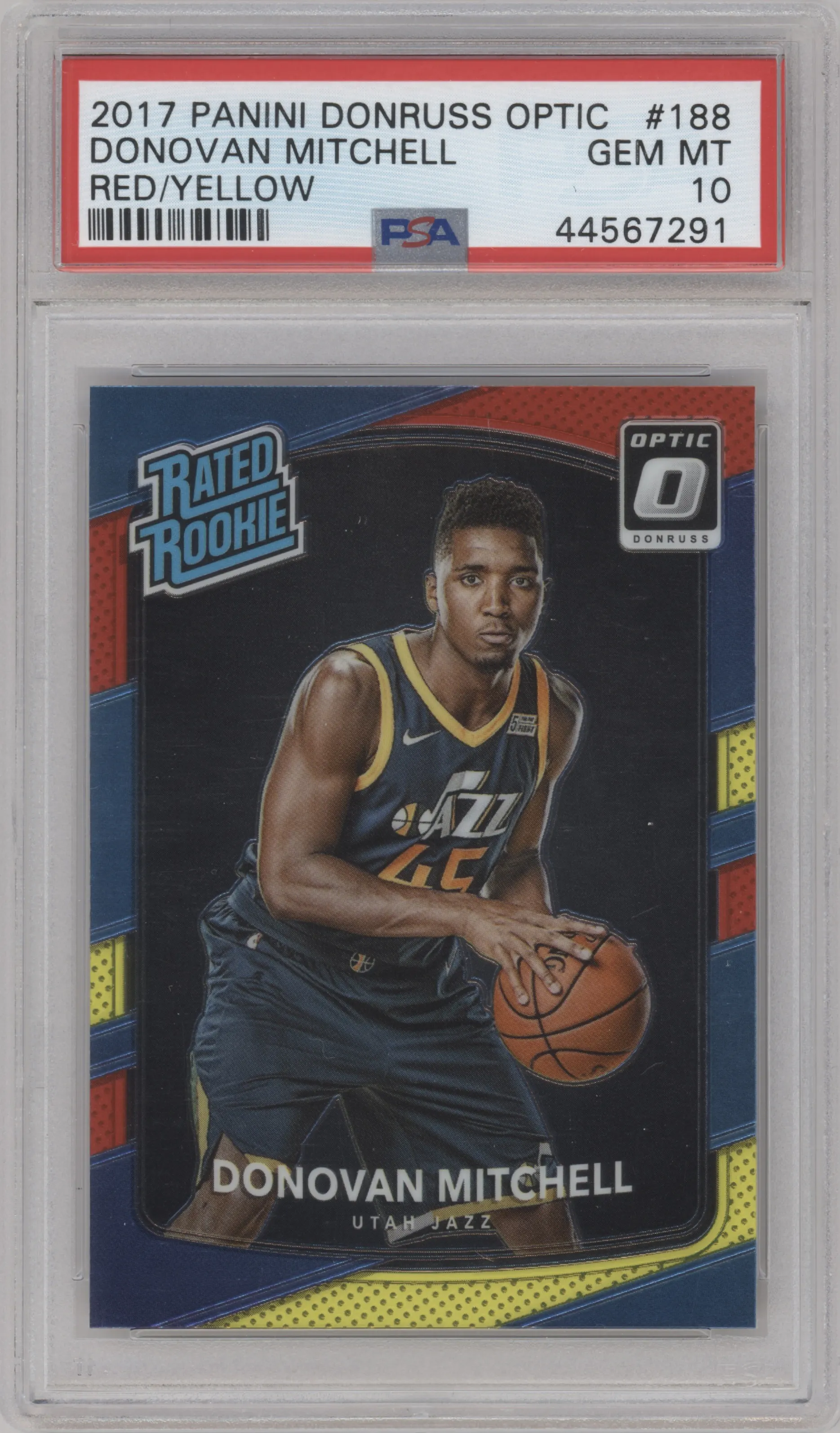 2017 Panini Donruss Optic Rated Rookie Donovan Mitchell Red/Yellow #188 PSA 10