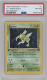 Scyther from the 1999 Pokemon set graded by PSA and given an overall grade of 8.