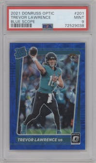 Trevor Lawrence from the 2021 Panini Donruss Optic set featuring a Blue Scope parallel graded by PSA and given an overall grade of 9.