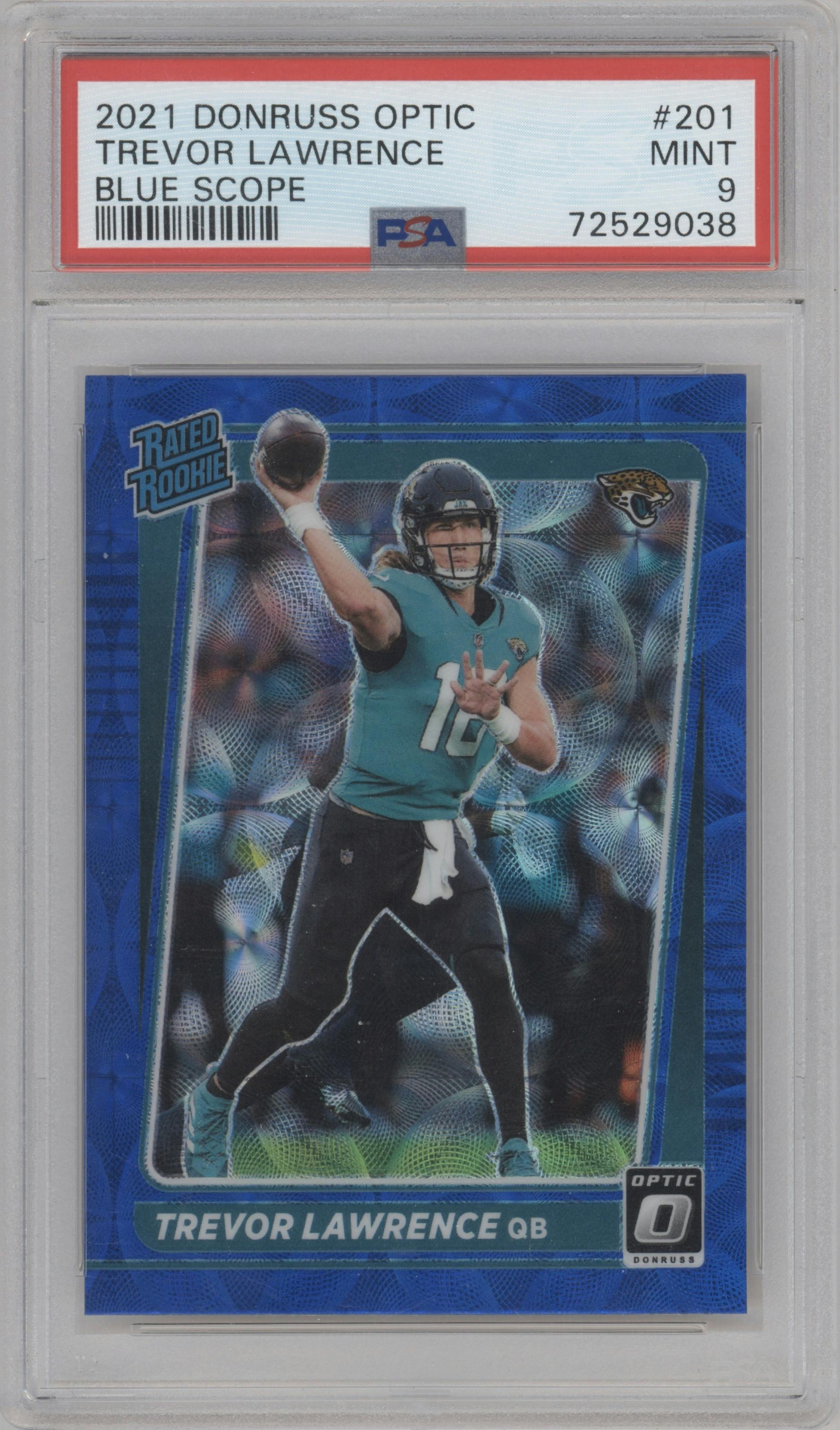Trevor Lawrence from the 2021 Panini Donruss Optic set featuring a Blue Scope parallel graded by PSA and given an overall grade of 9.