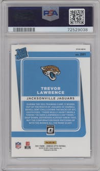 Trevor Lawrence from the 2021 Panini Donruss Optic set featuring a Blue Scope parallel graded by PSA and given an overall grade of 9.
