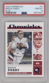 Brock Purdy from the 2022 Panini Chronicles set featuring a Blue parallel graded by PSA and given an overall grade of 10.