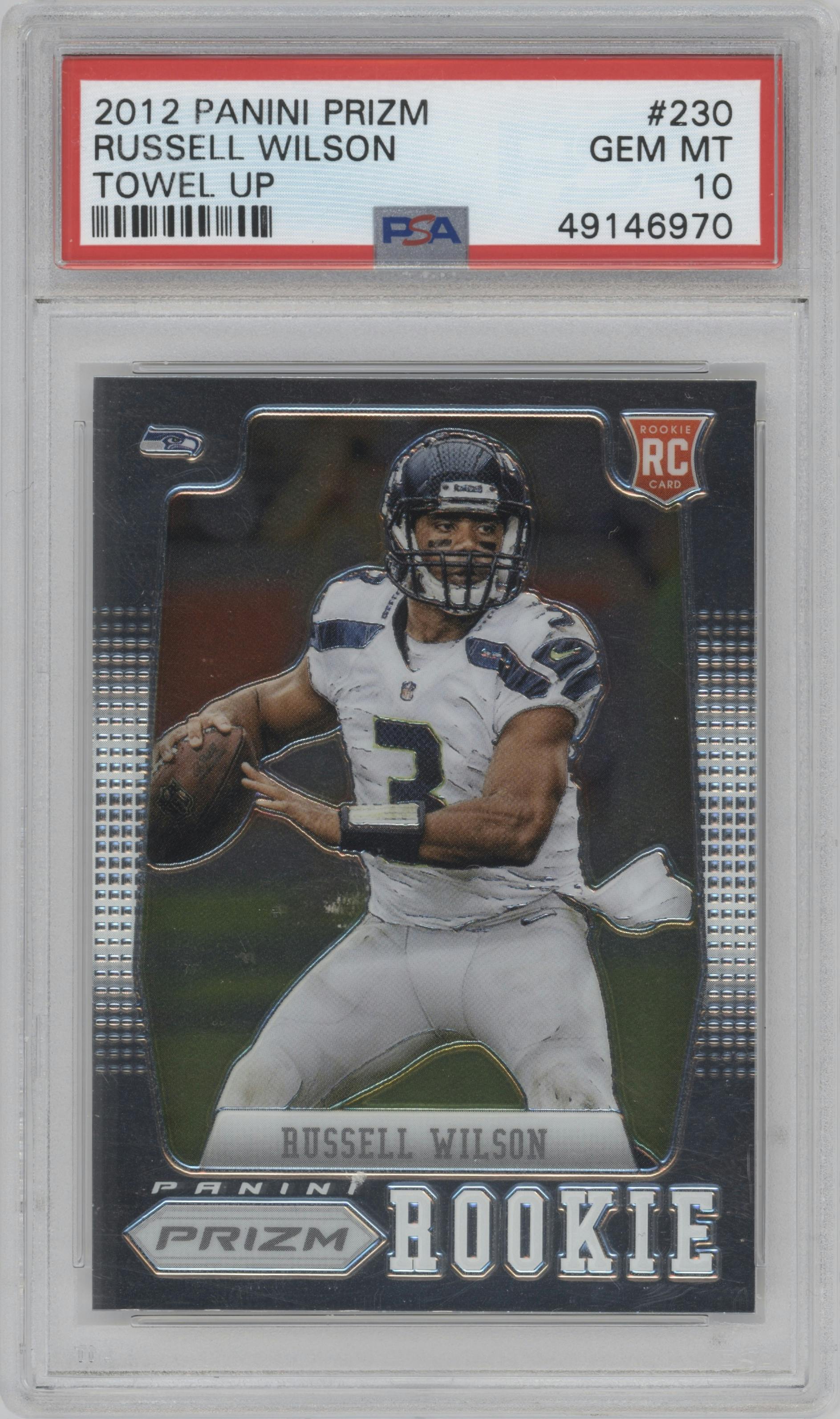 Russell Wilson from the 2012 Panini Prizm set graded by PSA and given an overall grade of 10.