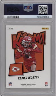 Xavier Worthy from the 2024 Panini Absolute set graded by PSA and given an overall grade of 9.