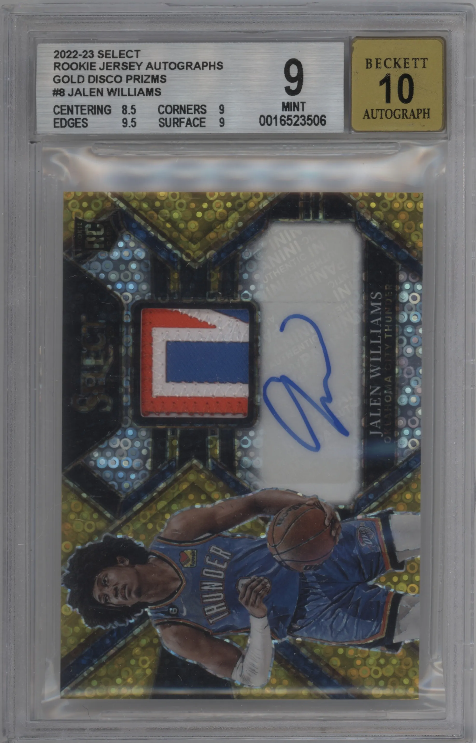 Jalen Williams from the 2022-23 Panini Select set featuring a Gold Disco parallel graded by Beckett and given an overall grade of 9.