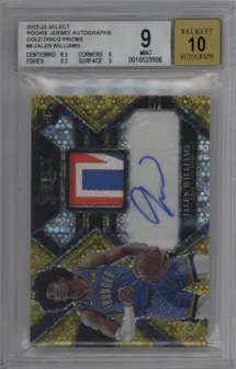Jalen Williams from the 2022-23 Panini Select set featuring a Gold Disco parallel graded by Beckett and given an overall grade of 9.