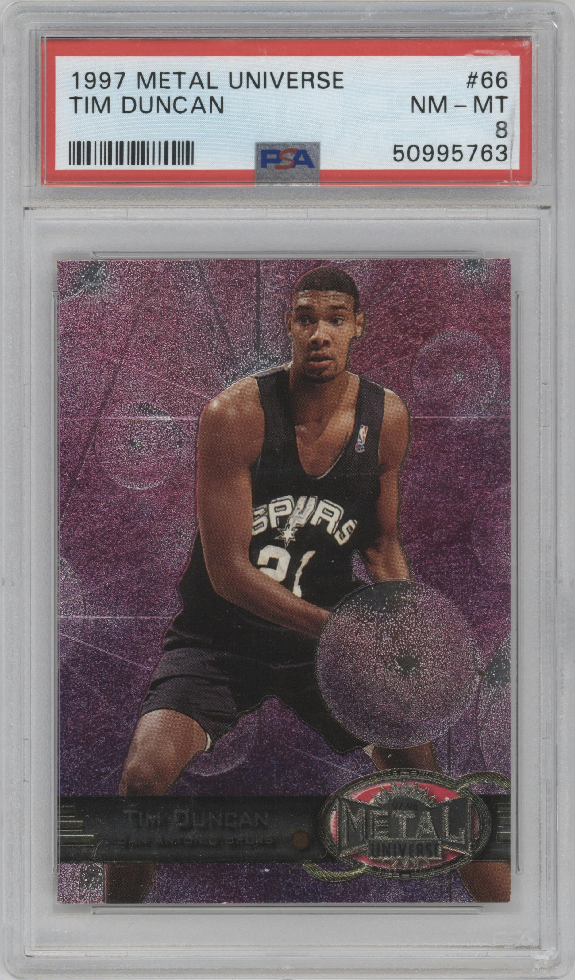 Tim Duncan from the 1997-98 Metal Universe set graded by PSA and given an overall grade of 8.