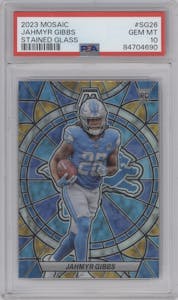 Jahmyr Gibbs from the 2023 Panini Mosaic set graded by PSA and given an overall grade of 10.