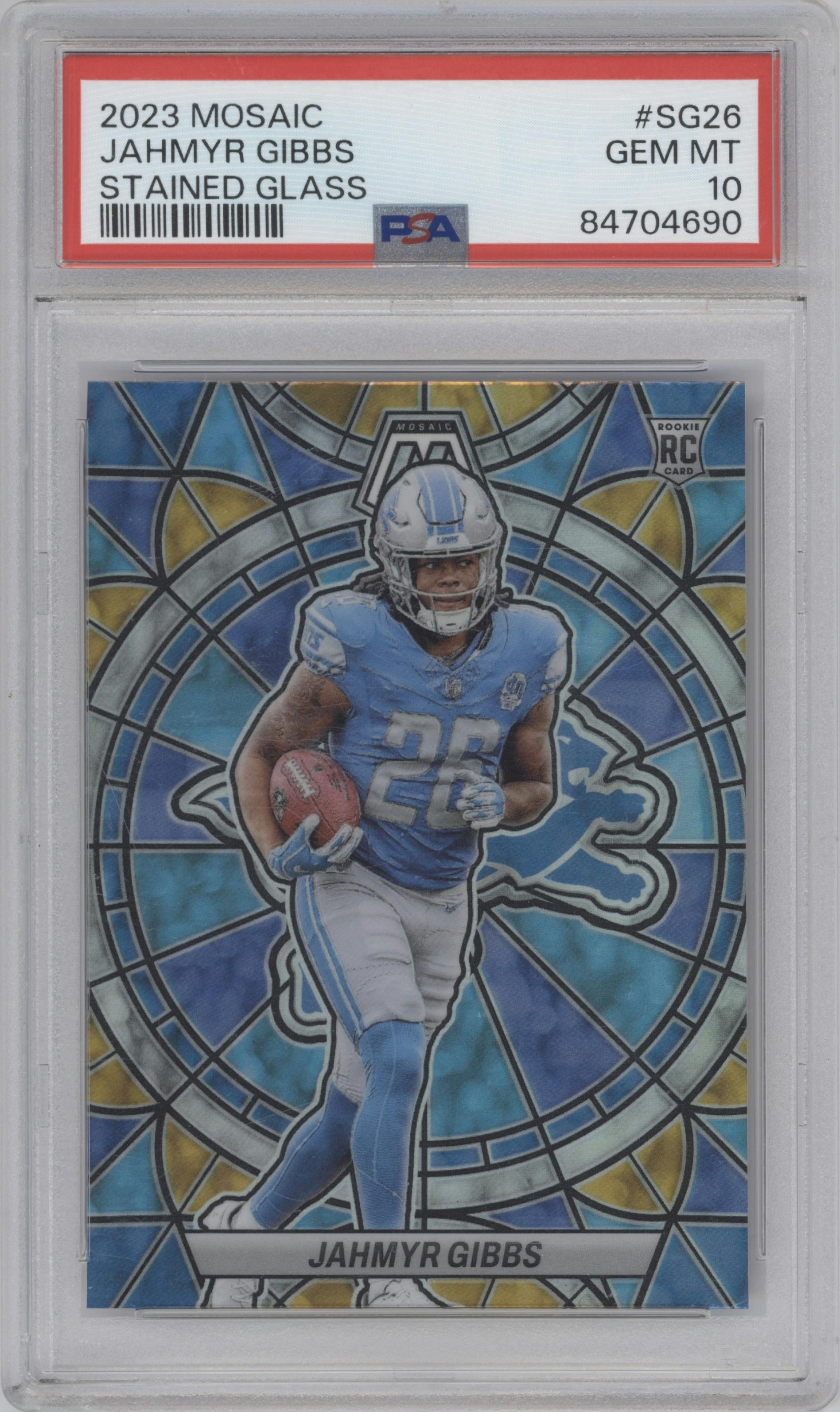 Jahmyr Gibbs from the 2023 Panini Mosaic set graded by PSA and given an overall grade of 10.