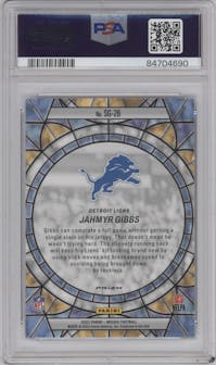 Jahmyr Gibbs from the 2023 Panini Mosaic set graded by PSA and given an overall grade of 10.