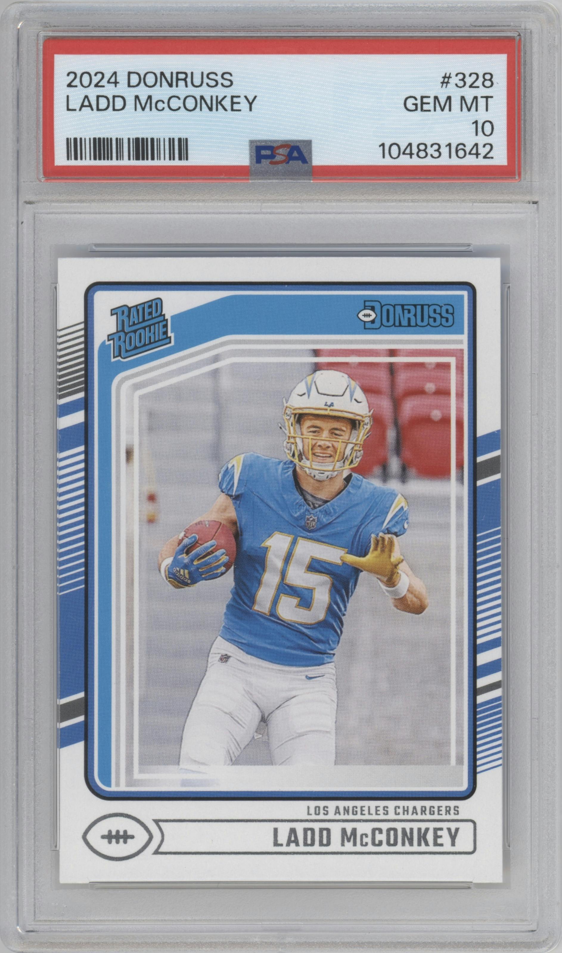 Ladd McConkey from the 2024 Donruss set graded by PSA and given an overall grade of 10.