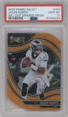 Jalen Hurts from the 2020 Panini Select set featuring a Die-Cut Orange parallel graded by PSA and given an overall grade of 10.